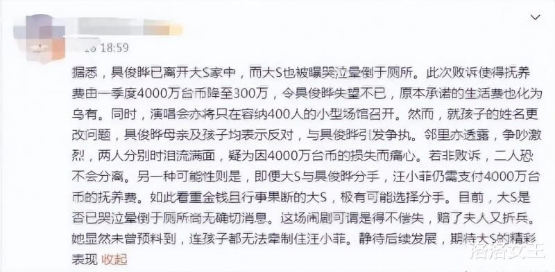 曝具俊晔不满4000万抚养费降至300万，深夜离家出走，大S转移财产-第1张图片-九妖电影